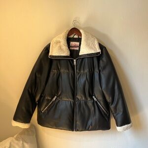 Levi Strauss Black Faux Leather Puffer Jacket with Sherpa Collar